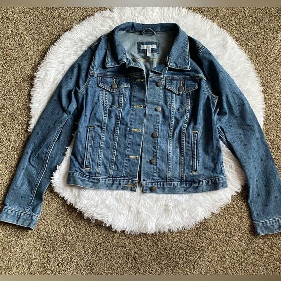 LOFT Polka Dot Jean Jacket Button Front Womens Size Medium - Picture 1 of 10